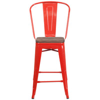 Flash Furniture 24" High Metal Counter Height Stool with Back & Wood Seat - Red-Set of 4 Bistro Style Counter Stools