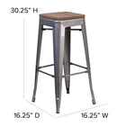 Flash Furniture 30" High Backless Clear Coated Metal Barstools with Square Wood Seat - 4 Pack-Textured Walnut Elm Wood Seat