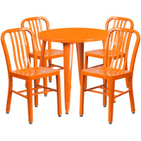 Flash Furniture Commercial Grade 30" Round Orange Metal Indoor-Outdoor Table Set with 4 Vertical Slat Back Chairs-Table and Chair Set