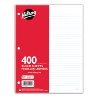Hilroy Loose-Leaf Filler Paper - 16lb. - 3-Hole Punched - Ruled - 10.87" x 8.37" - 400 Sheets-Ruled refill paper
