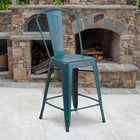 Flash Furniture Commercial Grade 24" High Distressed Kelly Blue-Teal Metal Indoor-Outdoor Counter Height Stool with Back-Floor Protector Rubber Glides