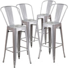 Flash Furniture Commercial Grade 30" High Silver Metal Indoor-Outdoor Barstool with Back-Set of 4 Bistro Style Bar Stools