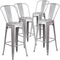 Flash Furniture Commercial Grade 30" High Silver Metal Indoor-Outdoor Barstool with Back-Set of 4 Bistro Style Bar Stools