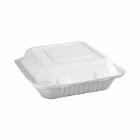 Globe Commercial Products 8" W x 8" D x 3" H Fibre Hinged Lid Bagasse Container - 200 Pack-Hinge container square takeout container