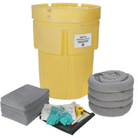 Zenith Safety 95-Gallon Economy Spill Kits, Universal, With Overpack Drum-Contents: 100 Sorbent Pads (15" x 17"), 4 Sorbent Booms (5" x 10"), 1 Drain Cover (36" x 36"), 1 Caution Tape(3" x 300'), 1 Repair Putty (4 oz.) , 2 Pairs Nitrile Gloves, 2XL (11) , 2 Pairs Safety Goggles (One Size), 2 Microporous Coveralls, XL , 10 Disposal Bags (26" x 36")