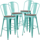 Flash Furniture 30" High Mint Green Metal Barstool with Back & Wood Seat-Set of 4 Bistro Style Bar Stools
