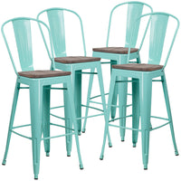 Flash Furniture 30" High Mint Green Metal Barstool with Back & Wood Seat-Set of 4 Bistro Style Bar Stools