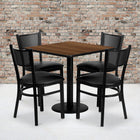 Flash Furniture 30'' Square Walnut Laminate Table Set with Round Base and 4 Grid Back Metal Chairs, Black Vinyl Seat-Set Includes 4 Chairs, Square Table Top and Round Base