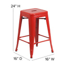 Flash Furniture Commercial Grade 24" High Backless Red Metal Indoor-Outdoor Counter Height Stool with Square Seat-Red Powder Coated Frame Finish