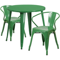 30'' Round Green Metal Indoor-Outdoor Table Set with 2 Arm Chairs (CH-51090TH-2-18ARM-GN-GG)-Indoor Outdoor Sets