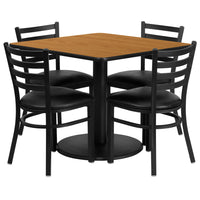 Flash Furniture 36" Square Natural Laminate Table Set with Round Base & 4 Ladder Back Metal Chairs - Black Vinyl Seat-Table and Chair Set