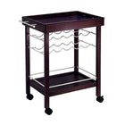 Winsome Bar Cart, Mirror Top, wine rack, Espresso-This wheeled wine cart holds everything necessary for a portable bar.  It can store up to 10 bottles of wine in its upper racks and also has a lower shelf to hold more bottles and glasses. The top shelf is perfect for resting full glasses and plates of appetizers.