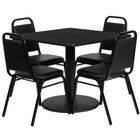 Flash Furniture, 36'' Square Black Laminate Table Set with Round Base and 4 Black Trapezoidal Back Banquet Chairs-Black Powder Coated Chair and Table Frame