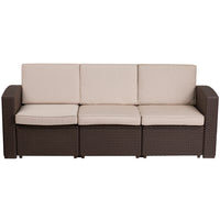 Flash Furniture Chocolate Brown Faux Rattan Sofa with All-Weather Beige Cushions-Contemporary Outdoor Sofa