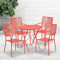 30'' Round Coral Indoor-Outdoor Steel Folding Patio Table Set with 4 Square Back Chairs [CO-30RDF-02CHR4-RED-GG]-Set Includes Folding Table and 4 Chairs