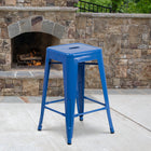 Tabouret de comptoir pour l'intérieur et l'extérieur de 24 po de hauteur en métal bleu sans dossier, avec siège carré-Le trou de vidange du siège facilite le séchage