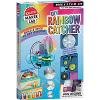 Klutz DIY Rainbow Catcher-Comes with: 3 clear crystals. 3 silver rings, 2 suction cups, 3 holographic plastic pieces, motor with wires, battery box with alligator clips, plastic gear box.