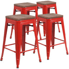 Flash Furniture 24" High Backless Metal Counter Height Stool with Square Wood Seat - Red-Set of 4 Stackable Industrial Style Modern Stools