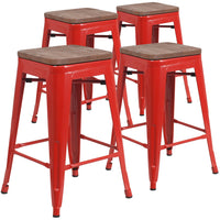 Flash Furniture 24" High Backless Metal Counter Height Stool with Square Wood Seat - Red-Set of 4 Stackable Industrial Style Modern Stools