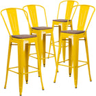 Flash Furniture 30" High Metal Barstool with Back & Wood Seat - Yellow-Curved Back with Vertical Slat