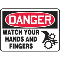 Accuform Signs Watch Your Hands Sign, 7" x 10", Vinyl, English With Pictogram-Display Type Adhesive