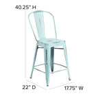 Flash Furniture Commercial Grade 24" High Distressed Green-Blue Metal Indoor-Outdoor Counter Height Stool with Back-Lightweight Design
