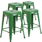 Flash Furniture Commercial Grade 24" High Backless Green Metal Indoor-Outdoor Counter Height Stool with Square Seat-Set of 4 Stackable Industrial Style Modern Stools