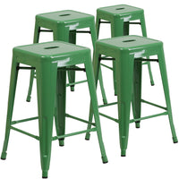 Flash Furniture Commercial Grade 24" High Backless Green Metal Indoor-Outdoor Counter Height Stool with Square Seat-Set of 4 Stackable Industrial Style Modern Stools