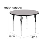 Flash Furniture 48" Round Grey Thermal Laminate Activity Table - Standard Height Adjustable Legs-Black Powder Coated Upper Legs and Chrome Lower Legs