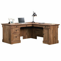 Sauder 69"W Palladia L-Desk - Vintage Oak-Drawer/shelf features flip-down panel for laptop or keyboard/mouse and can be fastened on the left or right side