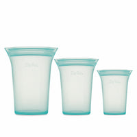 Zip Top - Récipients réutilisables en silicone en platine - Ensemble de 3 tasses - Sarcelle-Coffre-fort sur l’étagère supérieure et inférieure du lave-vaisselle