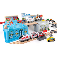 Hape Mega Metropolis Train Bucket Set-Includes 1 box with 1 cover, 3 plastic S-shape tracks, 1 Y-shape track, 4 curved tracks, 8 straight tracks, 2 ascending tracks, 4 wooden decorations, 1 freight train with 2 carriages, 1 platform, 1 watchtower, 1 plane, 1 traffic light, 1 fire truck, 2 fire blocks, 1 truck, 2 cargo blocks, 1 plane, 1 track end, 1 taxi, 1 crane, 4 tree blocks, 1 level crossing, 1 rocky track, 1 plastic mountain, 8 piers, 1 high-speed engine with 2 passenger cars, 2 triangle traffic signs,