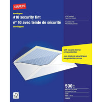 Staples #10 Security Envelopes with Gummed Flaps - 4-1/8" x 9-1/2" - White - 500 Pack-Versatile #10 envelopes are ideal for mailing letters, cheques, invoices and more