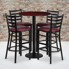 Flash Furniture 30" Round Mahogany Laminate Table Set with Round Base & 4 Ladder Back Metal Barstools - Burgundy Vinyl Seat-Set Includes 4 Barstools, Round Table Top and Round Base