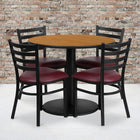 Flash Furniture – Table ronde de 36 po, dessus stratifié naturel et base ronde et 4 chaises en métal, siège en vinyle bourgogne-L’ensemble comprend 4 chaises, un dessus de table rond et une base ronde