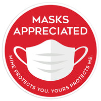 Eddie's Vinyl "Mask Appreciated" Social Distancing Decal - Red/White - 7.5" Diameter - 4 Pack-Messaging: Masks Appreciated. Mine protects you. Yours protects me.
