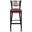 Tabouret de bar de la série HERCULES en métal noir avec dossier à lattes - dossier en bois de noyer et siège en vinyle bourgogne-Ensemble de 2 tabourets de bar en métal pour la salle à manger