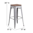 Flash Furniture 30" High Backless Silver Metal Barstool with Square Wood Seat-Textured Walnut Elm Wood Seat
