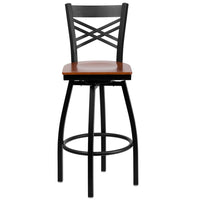 Flash Furniture HERCULES Series Black "X" Back Swivel Metal Barstool - Cherry Wood Seat-Metal Barstool
