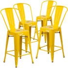 Tabouret à hauteur de comptoir de qualité commerciale, de 24 po avec dossier en métal jaune pour l'intérieur et l'extérieur-Dossier courbé avec latte verticale