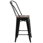 Flash Furniture 24" High Black Metal Counter Height Stool with Back & Wood Seat-Curved Back with Vertical Slat