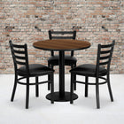 Flash Furniture 30'' Round Walnut Laminate Table Set with Round Base and 3 Ladder Back Metal Chairs, Black Vinyl Seat-Set Includes 3 Chairs, Round Table Top and Round Base