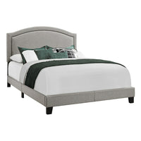 Monarch Specialties 5936Q Queen Size Bed - Grey Linen With Chrome Trim-Upholstered headboard, side and end rail in a chic grey linen-look fabric