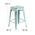 Tabouret à hauteur de comptoir pour l'intérieur et l'extérieur de 24 po haut. en métal vert-bleu vieilli sans dossier-Finition du cadre vieilli enduit de poudre bleu rêve