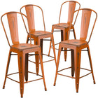 Flash Furniture Commercial Grade 24" High Distressed Orange Metal Indoor-Outdoor Counter Height Stool with Back-Curved Back with Vertical Slat