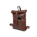 Tolredo Leather Backpack - Top-Roll - Walnut-Adjustable 18" cushioned leather strap and an all-leather carry handle loop