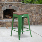 Flash Furniture 24" High Backless Green Metal Counter Height Stool with Square Wood Seat-Textured Walnut Elm Wood Seat