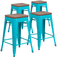Flash Furniture 24" High Backless Crystal Teal-Blue Counter Height Stool with Square Wood Seat-Set of 4 Stackable Industrial Style Modern Stools