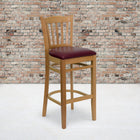 Flash Furniture HERCULES Series Vertical Slat Back Natural Wood Restaurant Barstool - Burgundy Vinyl Seat-2.5" Thick Foam Padded Seat