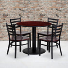 Flash Furniture – Table ronde de 36 po, stratifié acajou, base ronde et 4 chaises en métal, dossier échelle/siège en bois acajou-L’ensemble comprend 4 chaises, un dessus de table rond et une base ronde